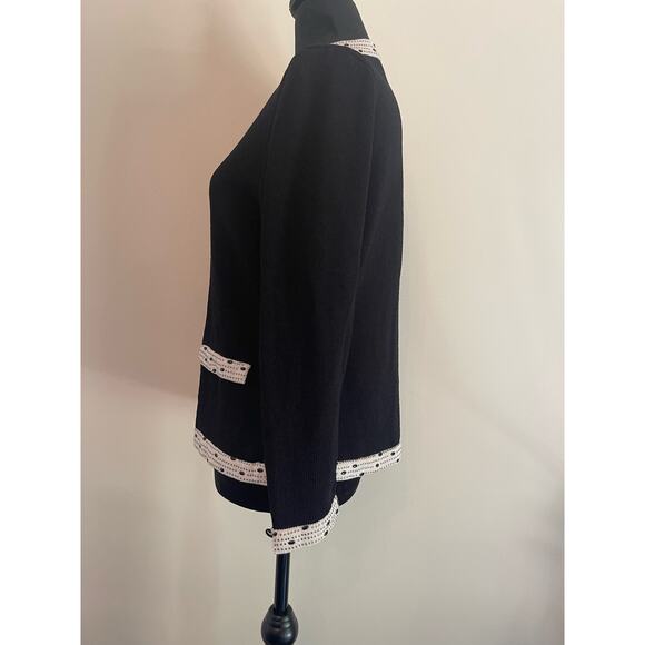 J.S.S knitwear jacket med black cream wool blend full zip elegant detail beads - Picture 3 of 11